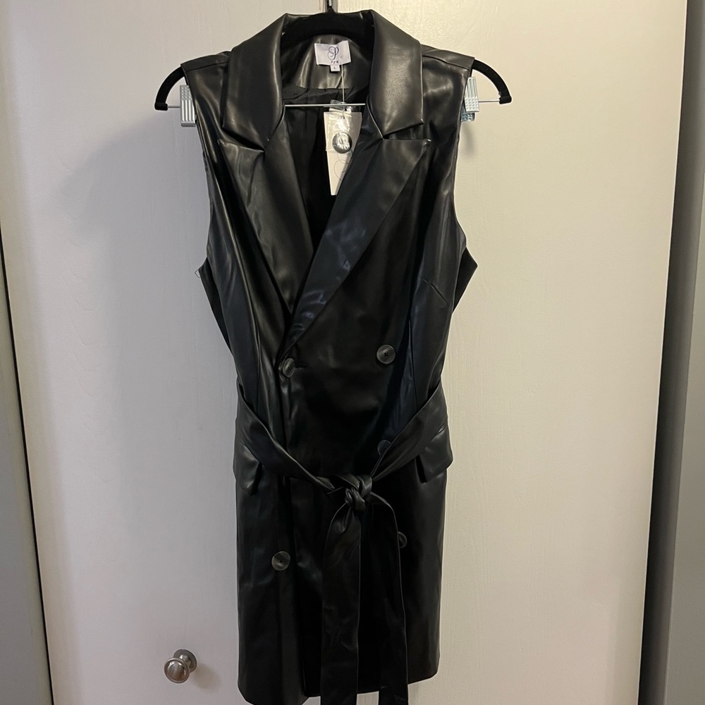 NWT PLM Faux Leather Vest or Mini Dress with Waist Tie in Black, Size L & M.